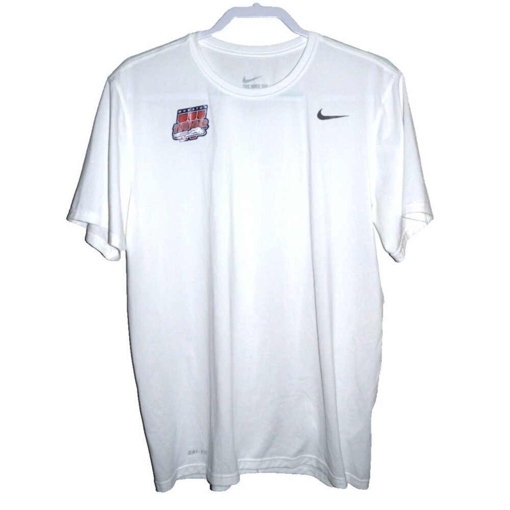 The NIKE Tee Athletic Cut white polyester short sleeve shirt WHEATON THUNDER LG